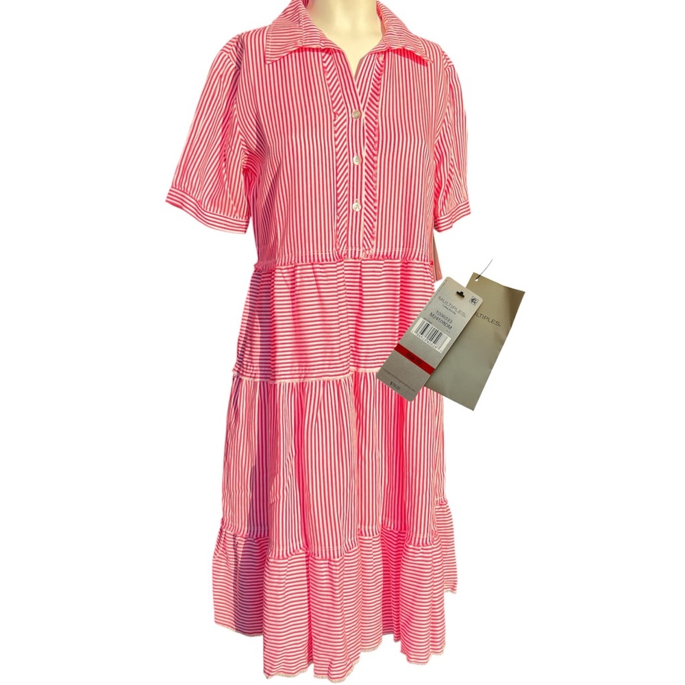 Multiples Pink & White Striped Tiered Shirt Midi Dress